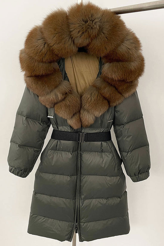 Women's Long Cinched Hoodie Real Fox Fur Collar Coat