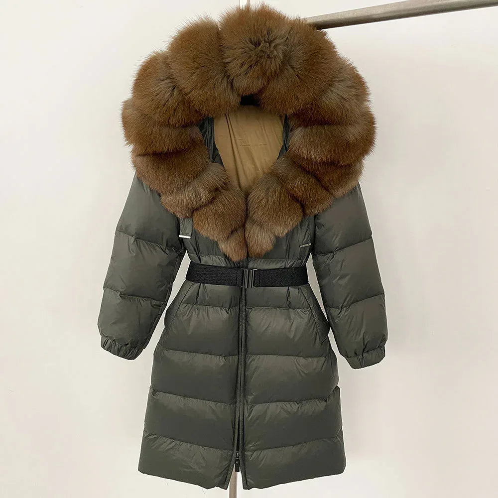 Women's Long Cinched Hoodie Real Fox Fur Collar Coat 2026 - Winter Jacket - DanaFashionstore