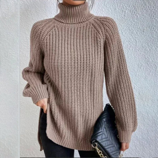 Turtleneck Pullover Sweater With Split Design Fashion Simple Solid Color Long Sleeve Tops Women's Clothing - DanaFashionstore