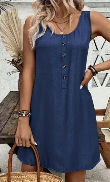 Elegant Round Neck Button-Up Dress Women 2026 - Sleeveless Short Dress - DanaFashionstore