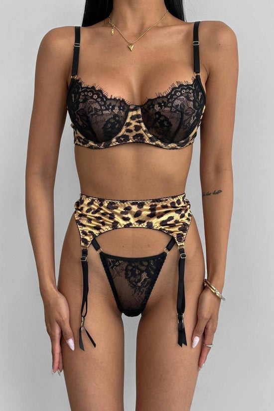 Sexy Leopard Print Stitching Lace See-through Sexy Lingerie Three-piece Set