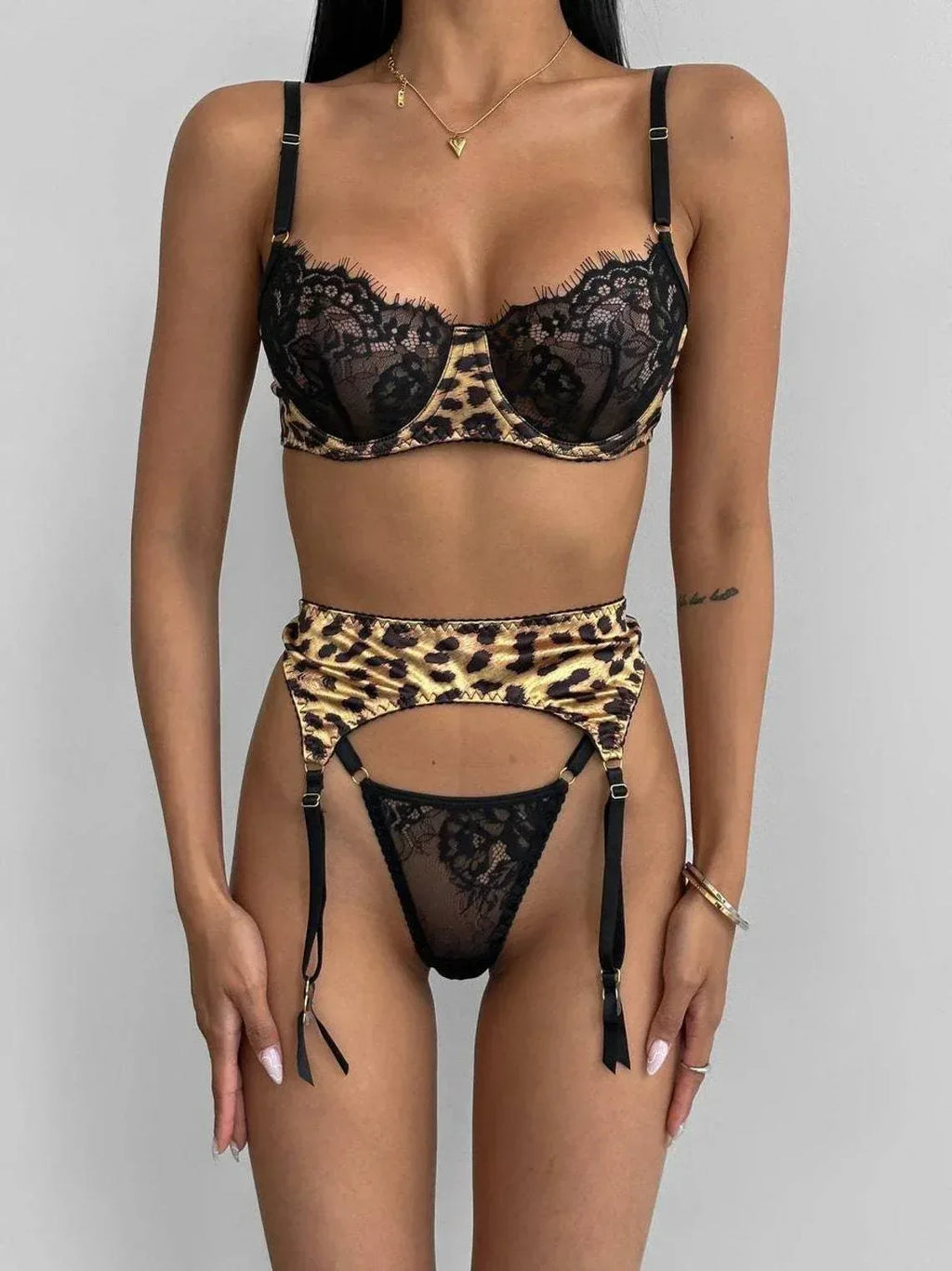 Sexy Leopard Print See-Through Lingerie 2026 - Lace Three-Piece Set - DanaFashionstore