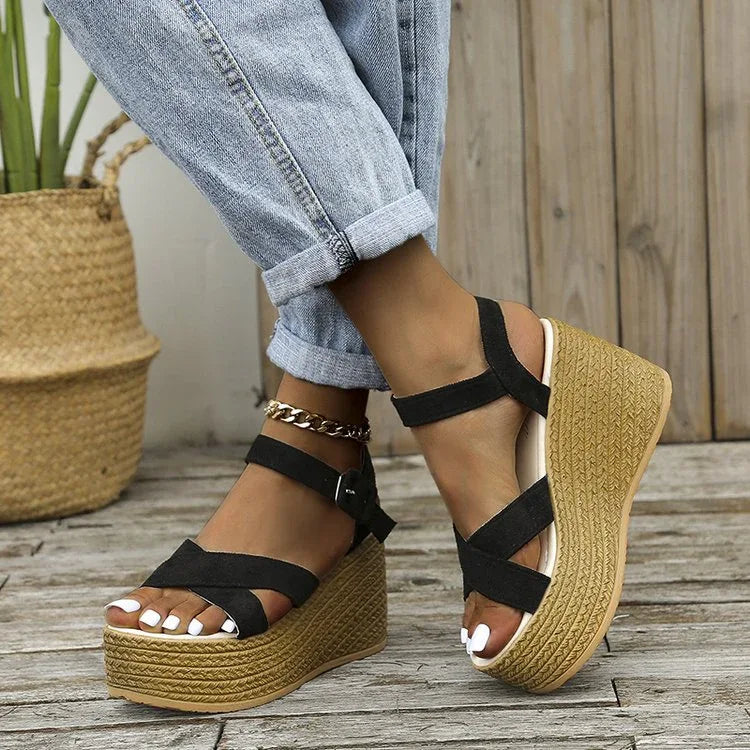 Wedge Sandals For Women Summer Casual Non-slip Cross-strap Platform Shoes With Hemp Heels Shoes - DanaFashionstore