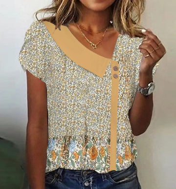 Casual Diagonal Collar Short-sleeved T-shirt