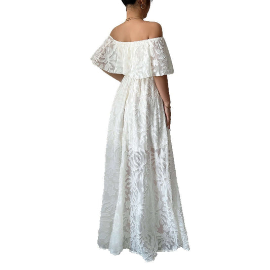 European And American Elegant Style Off-shoulder Lace Dress $59.50 Dana Fashion Color: Apricot Size: L Women's clothing Product information: Pattern: plants and flowers Skirt type: A- line skirt Color: white, apricot Waist type: elastic waist Size: S,M,L,