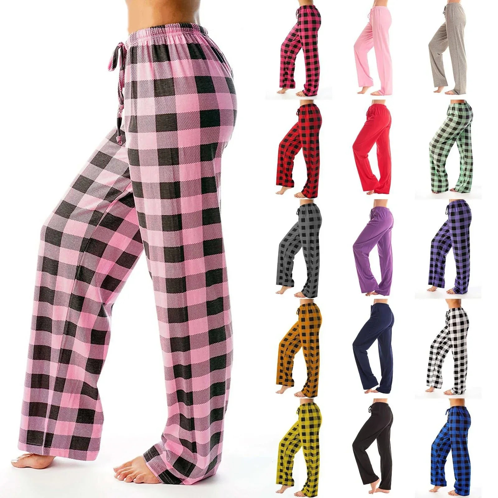 Drawstring Plaid Print Trousers Casual Loose Sports Home Pants Women - DanaFashionstore