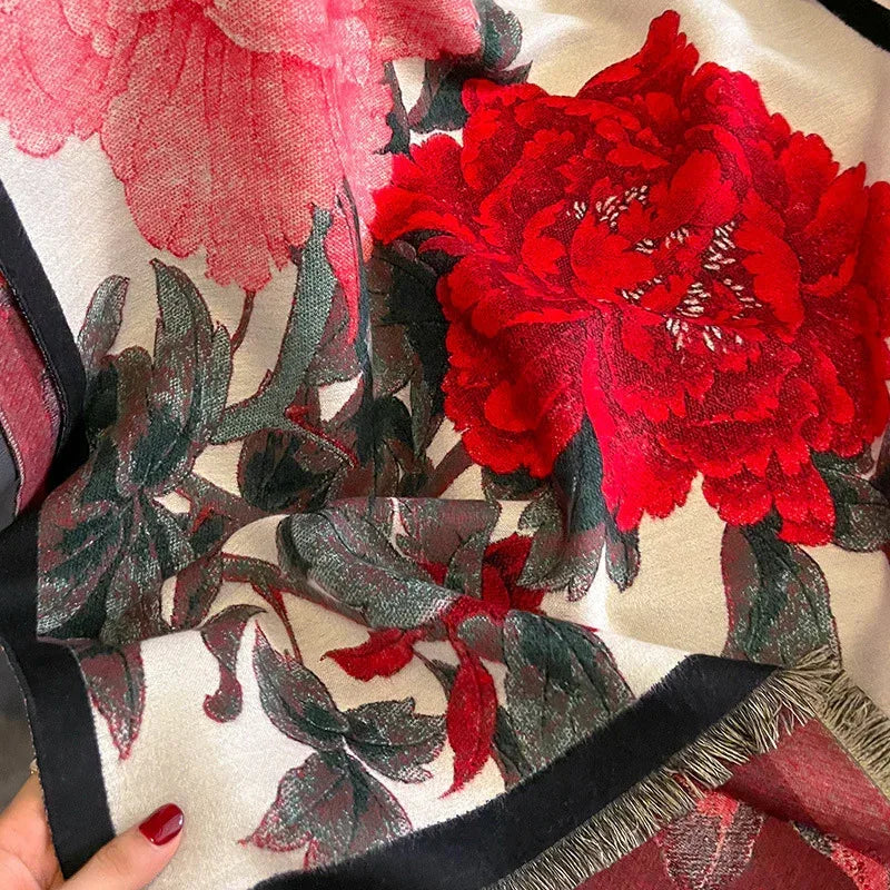 Retro Floral Artificial Cashmere Scarf Women's Thick Warm Scarf - DanaFashionstore