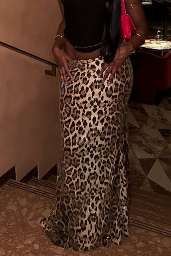 Leopard Print Sequin Stitching Stretch Skirt