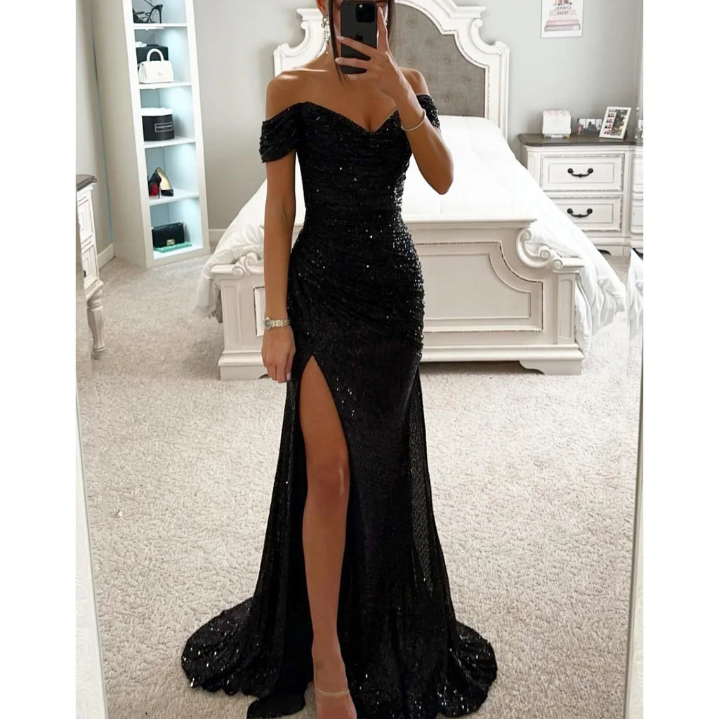 Party Sequins Off-neck Split Dress INS Casual Fashion Dress Women Charming Slimming Dress For Women - DanaFashionstore