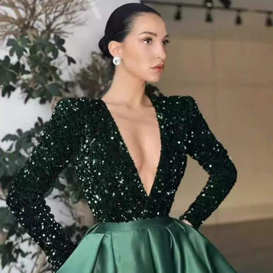Women's Long Sleeve Sequin V-neck Sequins Evening Dress - DanaFashionstore