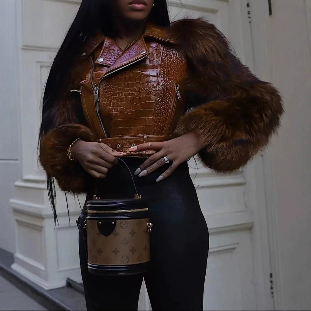 Womens Patchwork Fur Jacket A Stylish And Sexy Outerwear Piece - DanaFashionstore