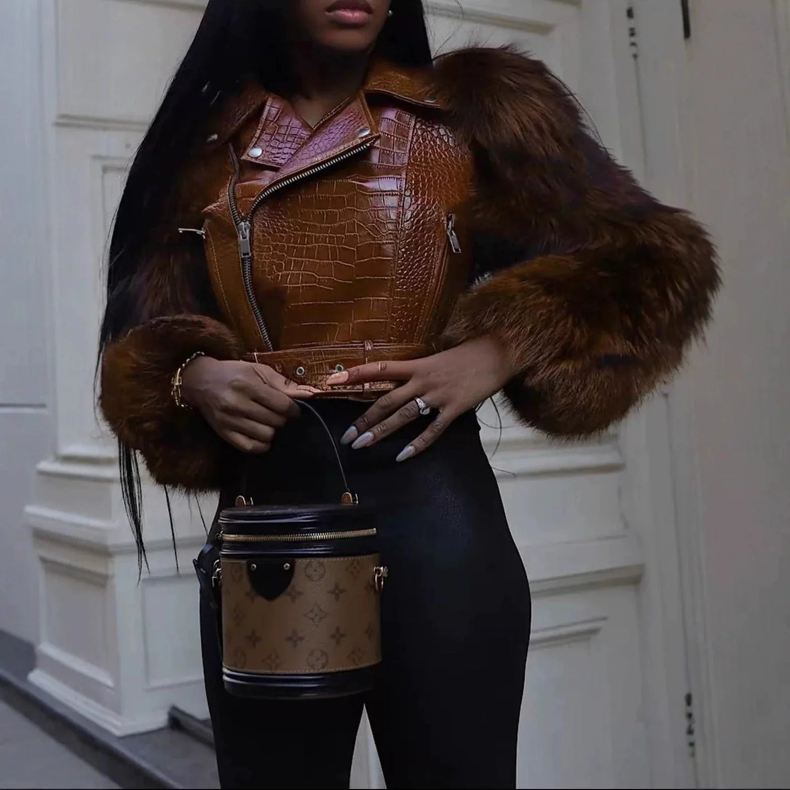 Womens Patchwork Fur Jacket A Stylish And Sexy Outerwear Piece - DanaFashionstore