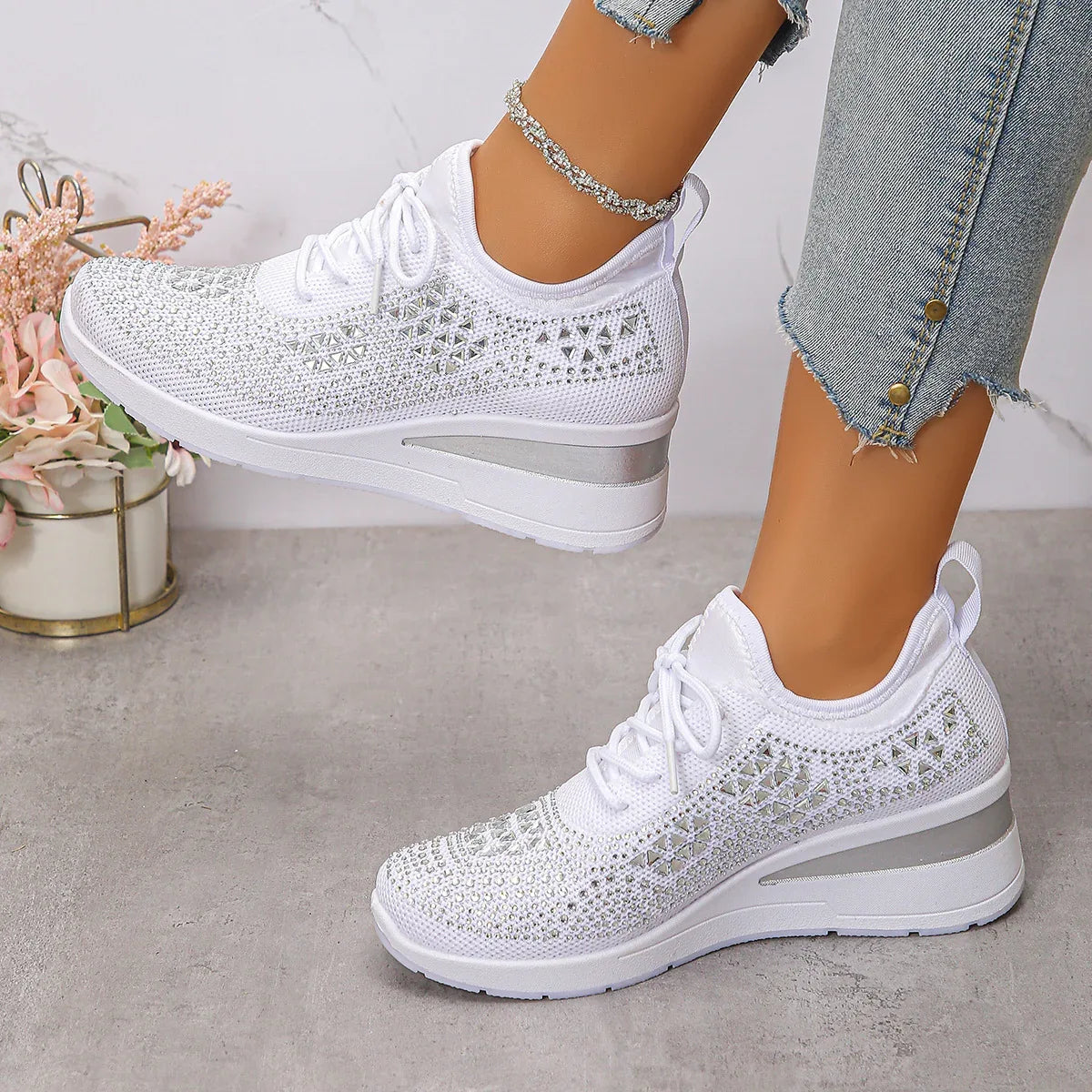 Ins Rhinestone Sneakers Fashion Lace Up Wedges Casual Shoes Women's Daily Commuting Sports Shoes - DanaFashionstore