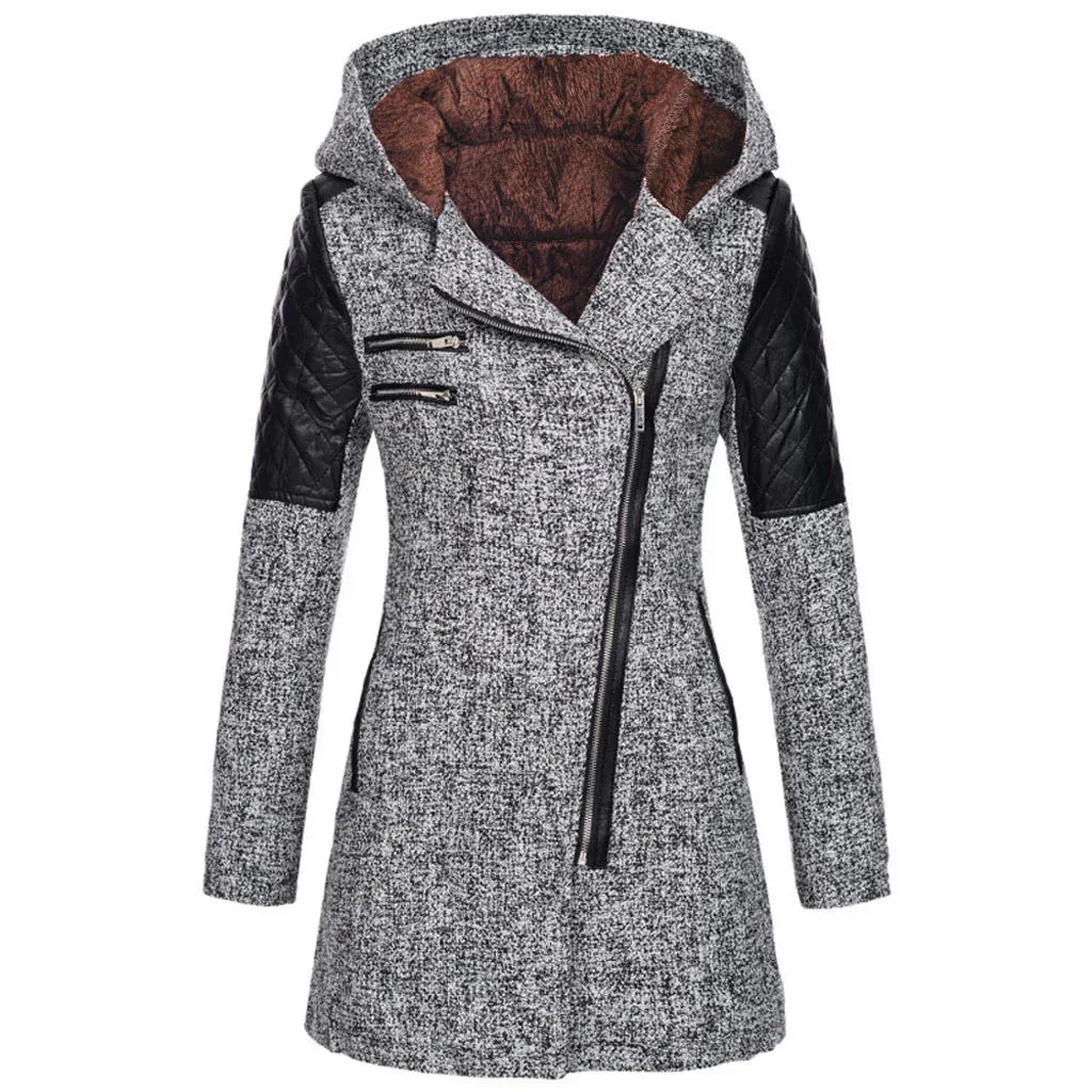 Women Warm Slim Full Zipper Coat Thick Woolen Coat Female Fall Winter Windbreaker Hooded Diagonal Zipper Women's Clothing - DanaFashionstore