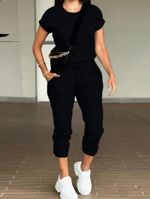 2pcs Women Solid Color Round Neck Short Sleeve Top And Drawstring Pocket Long Pants Casual Suit - DanaFashionstore
