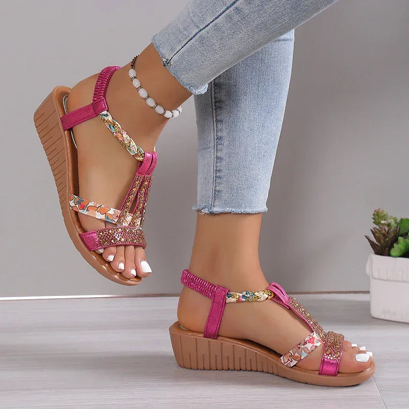 Casual Wedges Sandals With Rhinestone Summer Plus-size Peep-toe Roman Shoes - DanaFashionstore