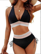 High Waisted Bikini Set With Color Blocking Drawstring Swimsuit - DanaFashionstore