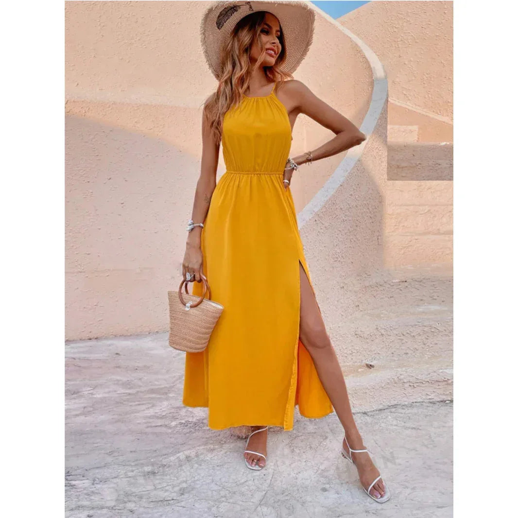 Women Solid Color Slit Thigh Strap Dress - DanaFashionstore