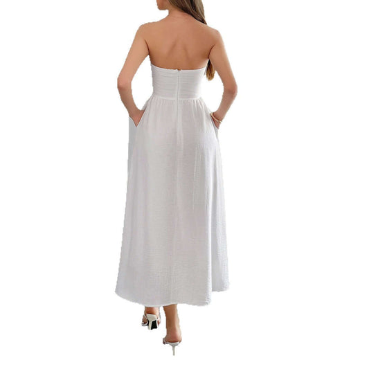 European And American Elegant Tube Top A- Line Dress Dress $48.90 Dana Fashion Color: Black Size: L Women's clothing Product information: Pattern: solid color Skirt type: A- line skirt Color: black, blue, red, white Waist type: high waist Size: S,M,L,XL S