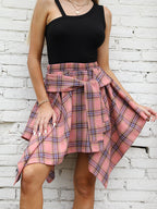 Women's Fashion Irregular High Waist Plaid Tie-Sleeve Skirt