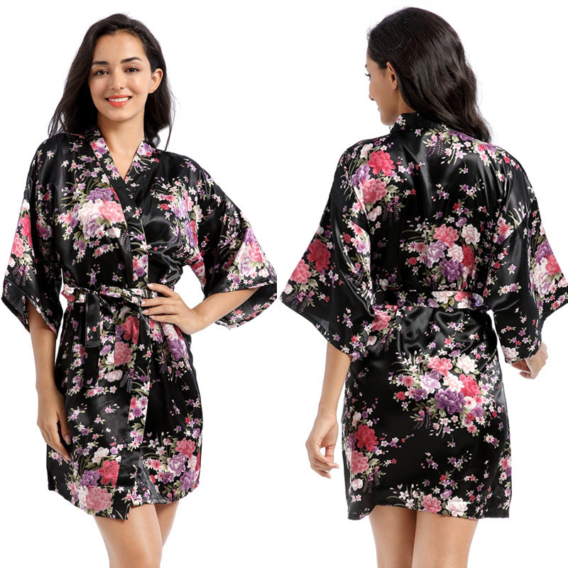 Home Short Cardigan Nightgown Plus Size Loose Silk Printing Morning Gowns - Dana Fashion