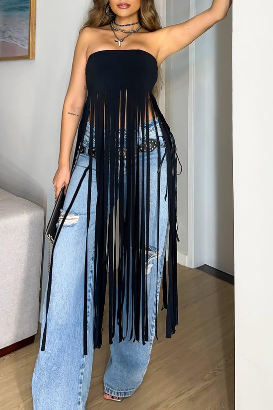 Black Bandeau Fringe Top