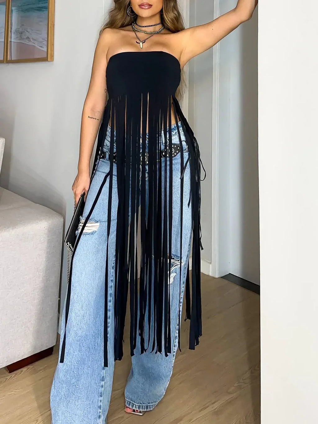 Black Bandeau Fringe Top - DanaFashionstore