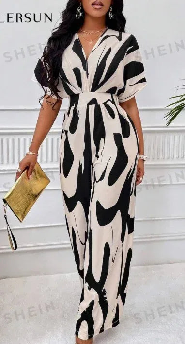 Print V-Neck Batwing Sleeve Jumpsuit 2026 - Casual Loose Jumpsuit - DanaFashionstore