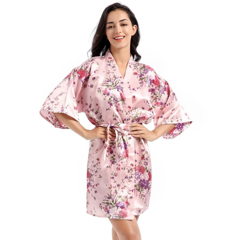 Home Short Cardigan Nightgown Plus Size Loose Silk Printing Morning Gowns - Dana Fashion