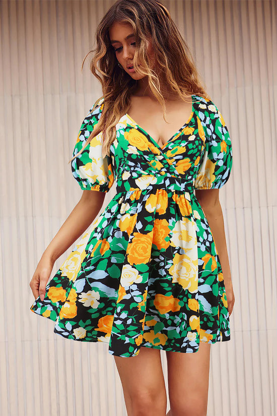 Flowers Print V-Neck Lantern-sleeve Dress Y2K Summer Vacation Beach Short Dresses Fashion Womens Clothing