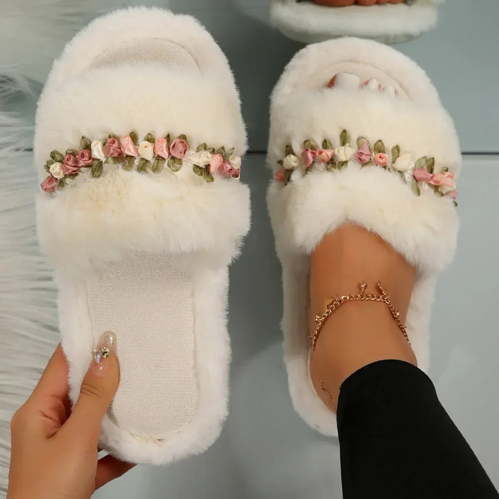 Flower Fluffy Slippers Female Soft Bottom Home Word Cotton Slippers - DanaFashionstore