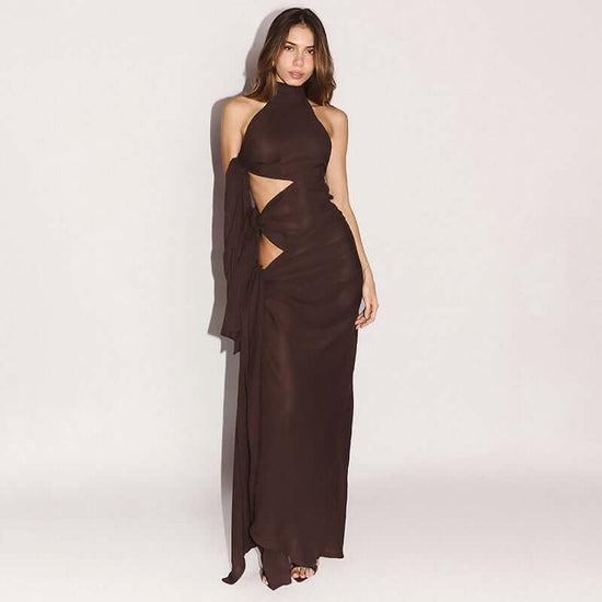 Round Neck Halter Side Hollow Out Tied Sexy Jumpsuit Long Dress $43.02 Dana Fashion Color: Black Size: L Women's clothing Product information: Skirt type: asymmetric skirt Color: brown, black, light gray Size: S,M,L Style type: street fashion Skirt length