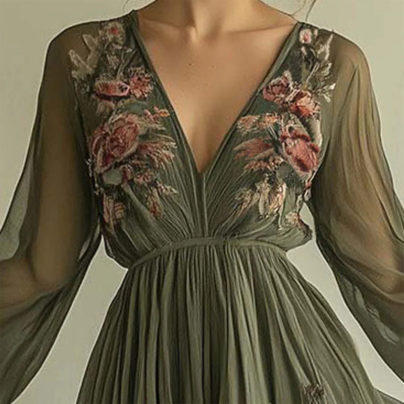 Women's Elegant V-Neck Green Floral Print A-Line Maxi Semi-Sheer Long Sleeve Spring&Summer Dress - Dana Fashion