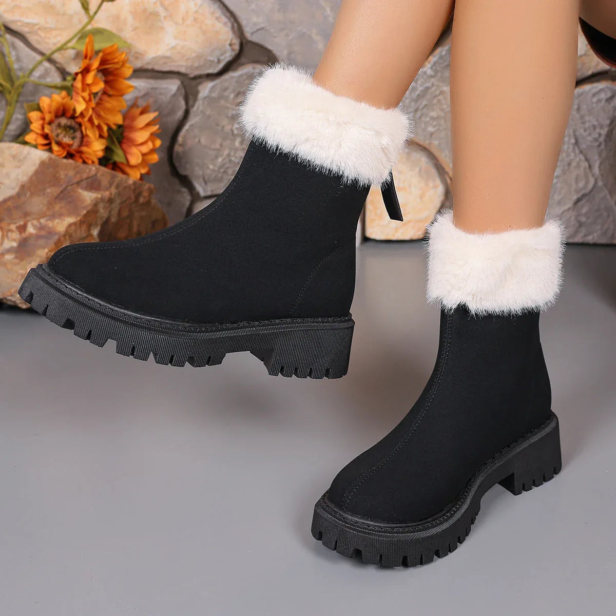 Square-heeled Snow Boots Winter Plus Velvet Platform Plush Shoes Fashion Warm Non-slip Mid-calf Boot For Women - DanaFashionstore