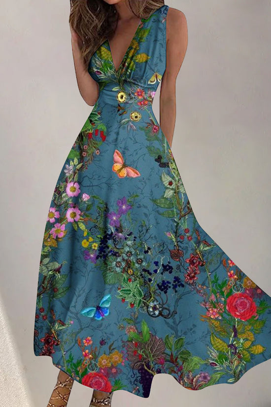 Women's Digital Printing Fashion V-neck Swing Long Dress