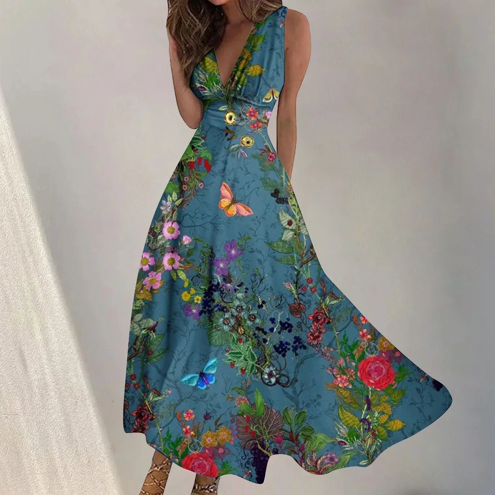 Digital Print V-Neck Swing Dress 2026 - Fashion Long Dress - DanaFashionstore