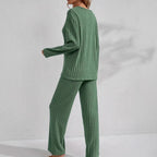 Ribbed Long-Sleeve Top And Pants Casual Comfortable Womens Loungewear Set