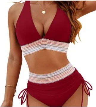 High Waisted Bikini Set With Color Blocking Drawstring Swimsuit - DanaFashionstore