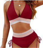 High Waisted Bikini Set With Color Blocking Drawstring Swimsuit - DanaFashionstore
