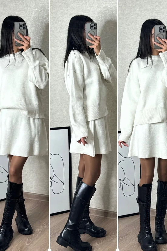 Sweater Skirt Sets For Women 2 Pieces Knit Casual Versatile Long Sleeve Pullover Elegant Solid High Waist Mini Skirt Outfit - DanaFashionstore