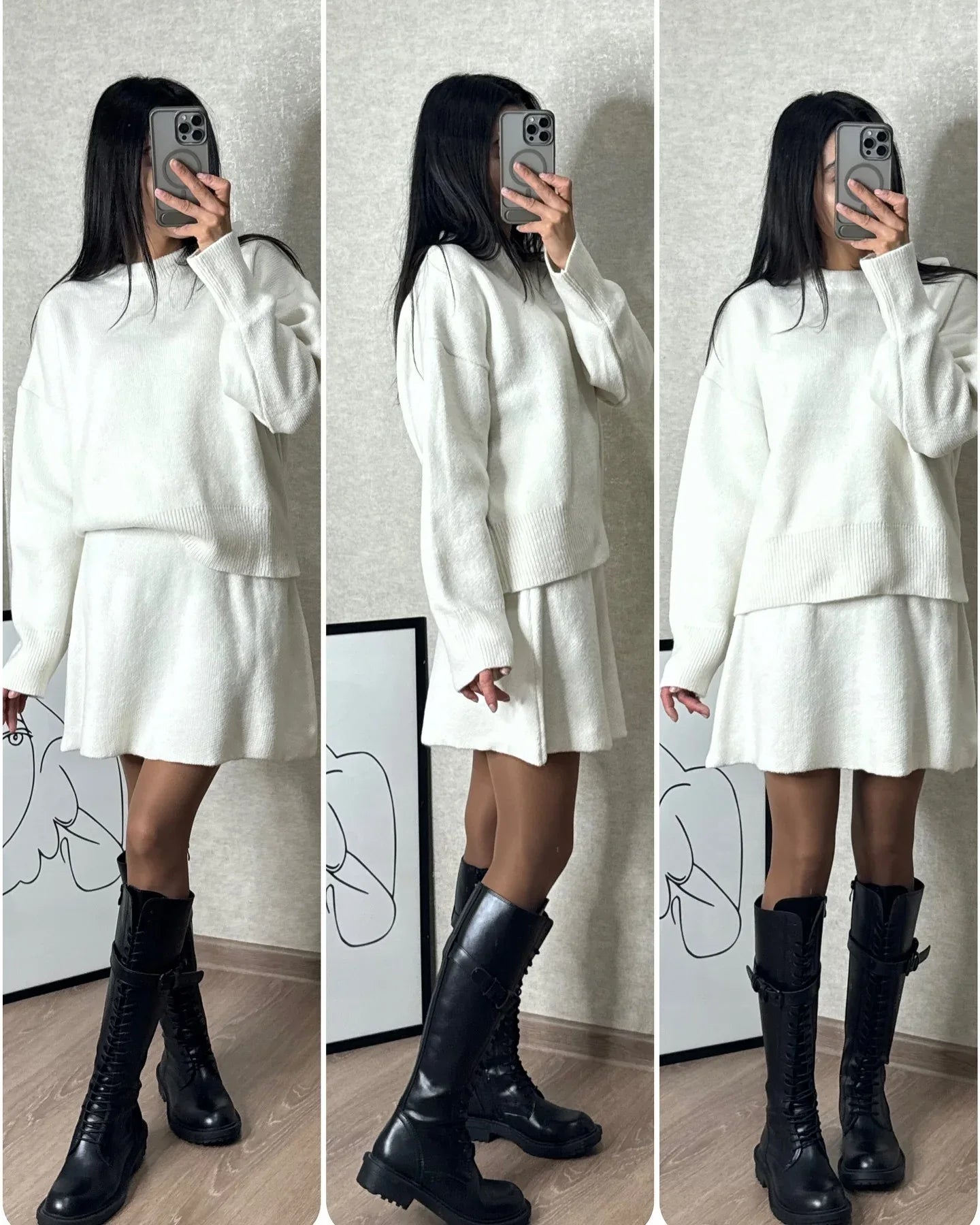 Sweater Skirt Sets For Women 2 Pieces Knit Casual Versatile Long Sleeve Pullover Elegant Solid High Waist Mini Skirt Outfit - DanaFashionstore