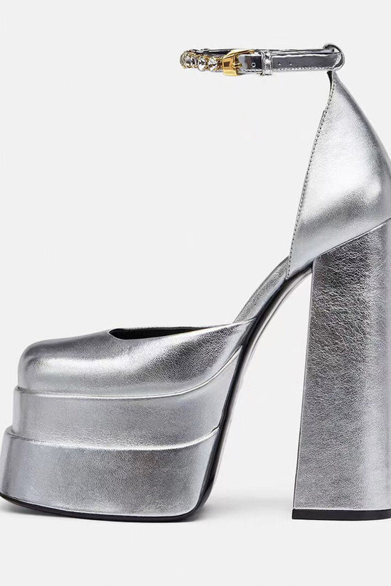 Golden Square Head Hollow Waterproof Platform Buckled Chunky Heel Super High Heel