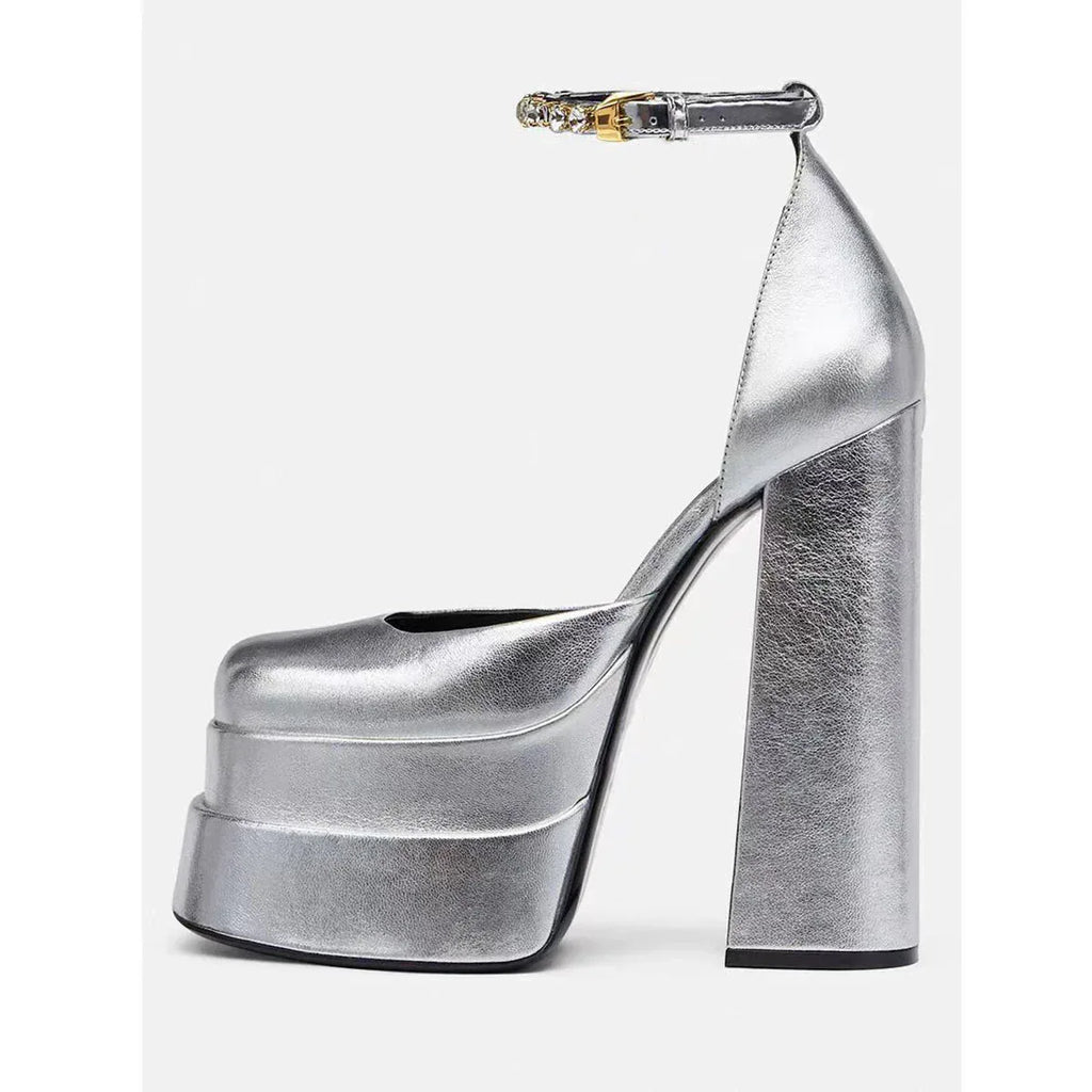Golden Square Head Hollow Waterproof Platform Buckled Chunky Heel Super High Heel - DanaFashionstore