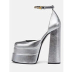 Golden Square Head Hollow Waterproof Platform Buckled Chunky Heel Super High Heel - DanaFashionstore