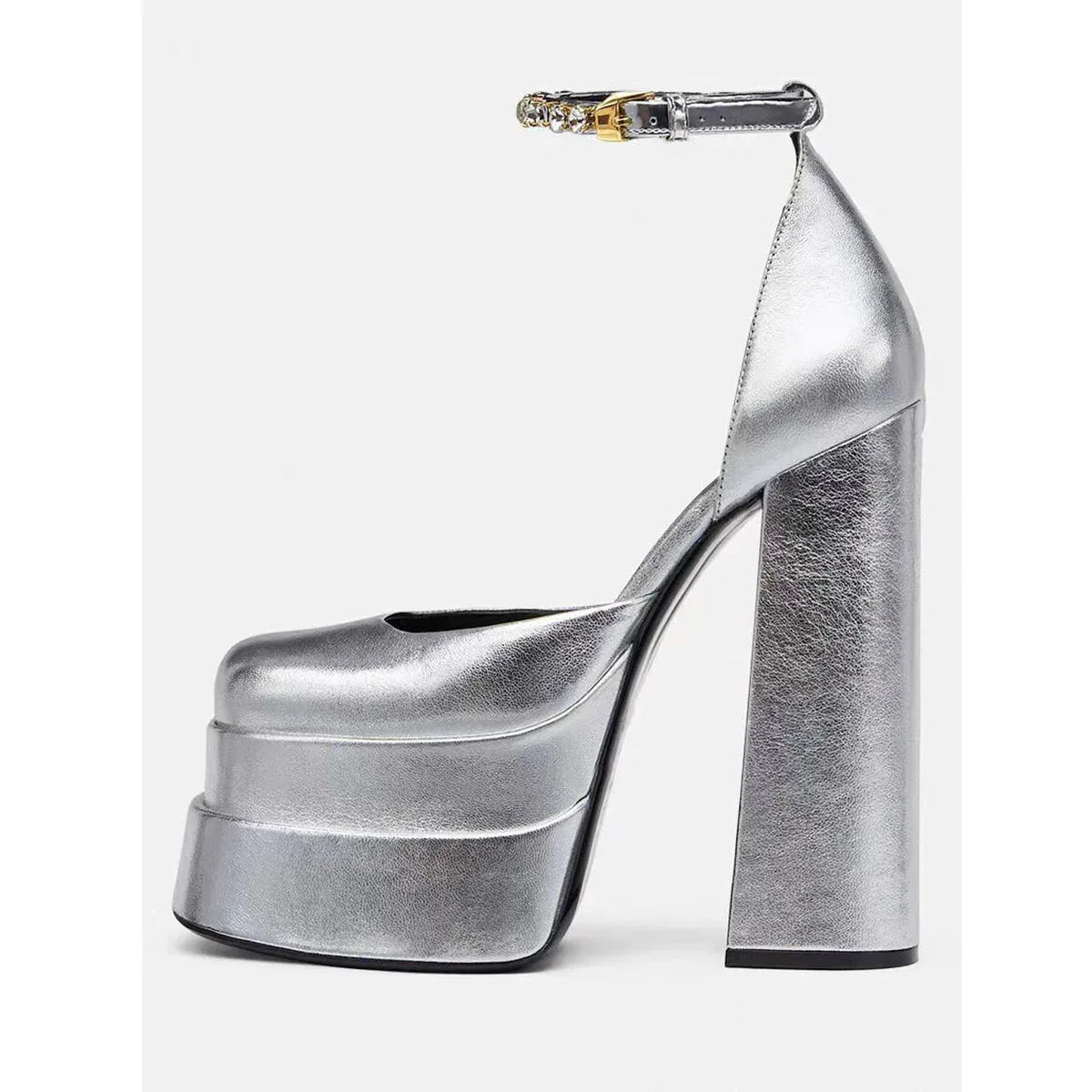Golden Square Head Hollow Waterproof Platform Buckled Chunky Heel Super High Heel - DanaFashionstore