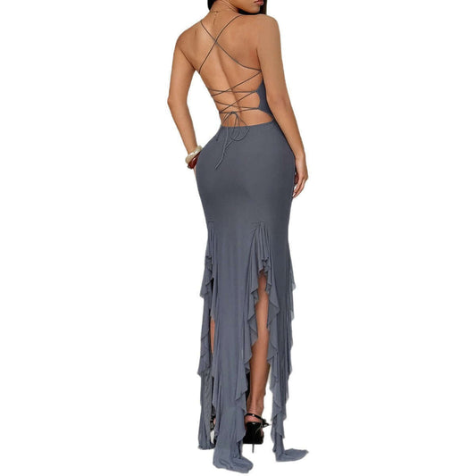 European And American Y2g Sexy Little Suspenders Lace Maxi Dress $44.90 Dana Fashion Color: Gray Size: L Women's clothing Product information: Pattern: solid color Skirt type: hip skirt Color: gray, sapphire blue Waist type: high waist Size: S,M,L,XL Skir