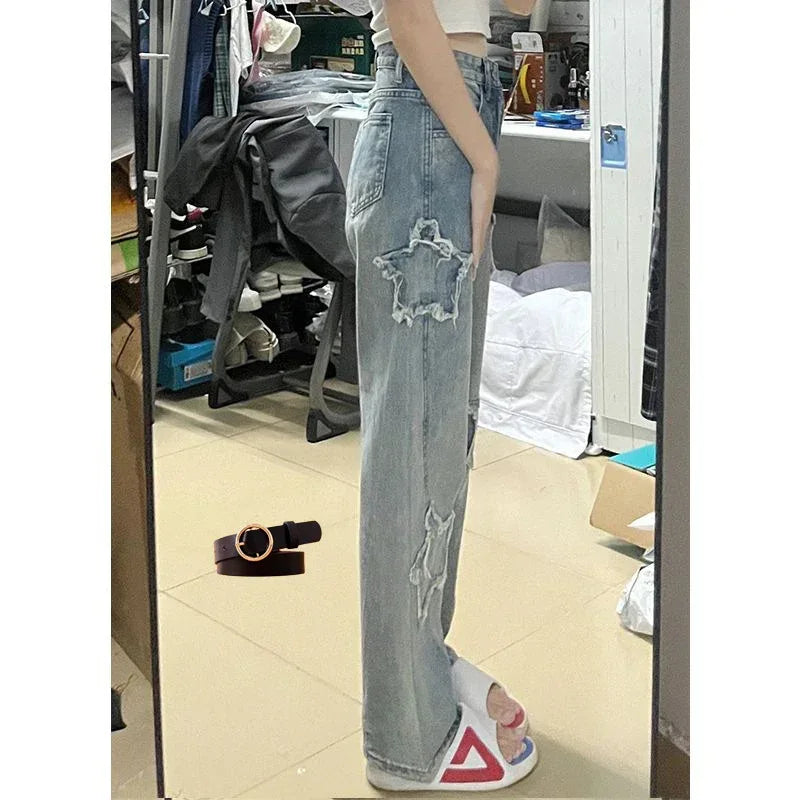 Blue XINGX Embroidered Jeans Women Loose Straight-leg Wide-leg Pants - DanaFashionstore
