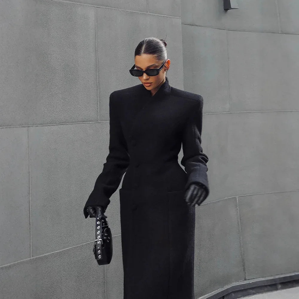 Temperament Shoulder-padded Waist-cinching Long Wool Coat For Women - DanaFashionstore