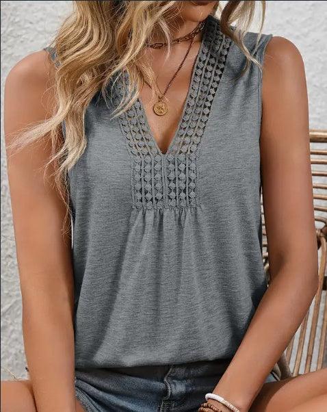 Stunning Lace V Neck Tank Top - Elegant Sleeveless Pleated Design, Flowy Silhouette, Breathable Fabric, Perfect For Spring & Summer, Women's Clothing, Versatile Wardrobe Essential - DanaFashionstore