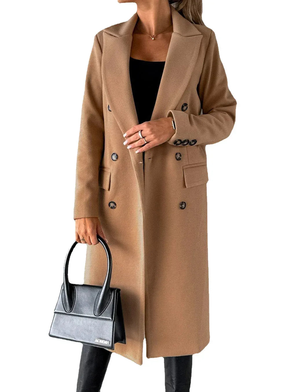 Double Breasted Lapel Coat Winter Fashion Solid Slim Long Jacket Long Sleeve Tops Womens Clothing - DanaFashionstore